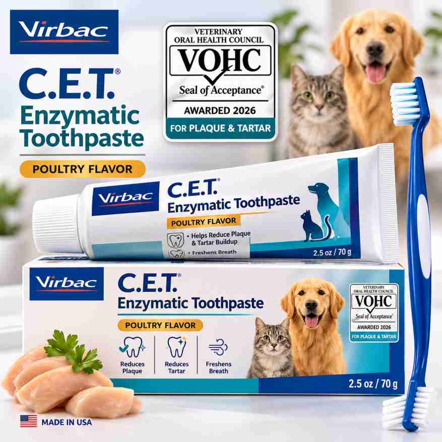 Virbac CET Enzymatic Toothpaste poultry flavor 2.5oz tube with VOHC 2026 seal of acceptance