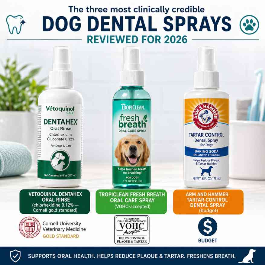 Three best dental sprays for dogs 2026 — Vetoquinol Dentahex, TropiClean Fresh Breath, Arm Hammer comparison