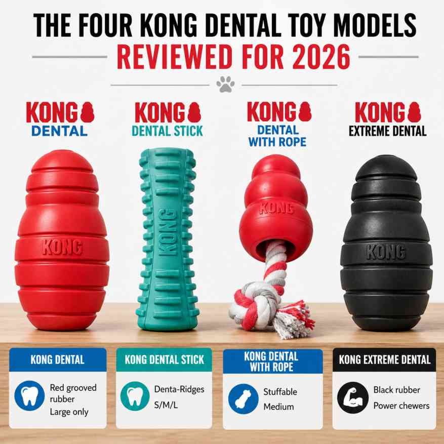 All four KONG dental toy models for dogs 2026 — KONG Dental red ring, Dental Stick, Dental with Rope, and Extreme black rubber